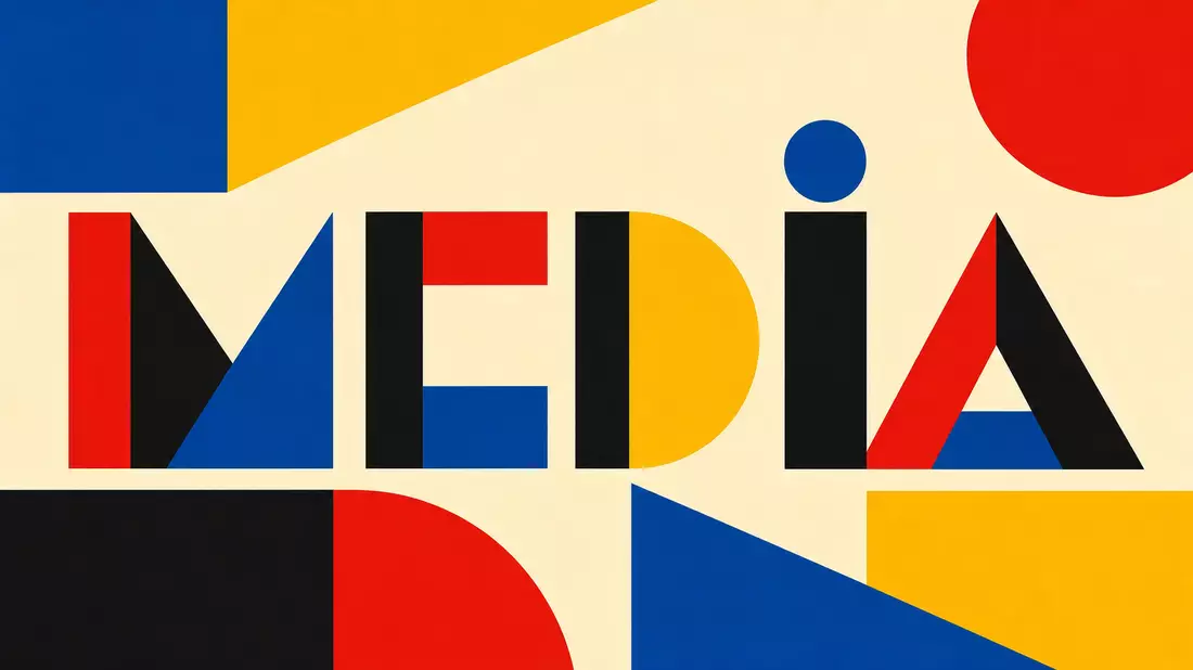 Bauhaus-Poster mit geometrischen Formen in Primärfarben und dem Wort MEDIA
