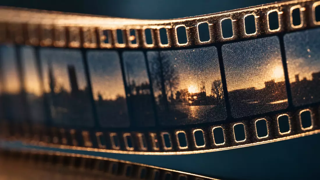 Makroaufnahme von analogem Filmstreifen mit Perforationslöchern und dramatischem Licht