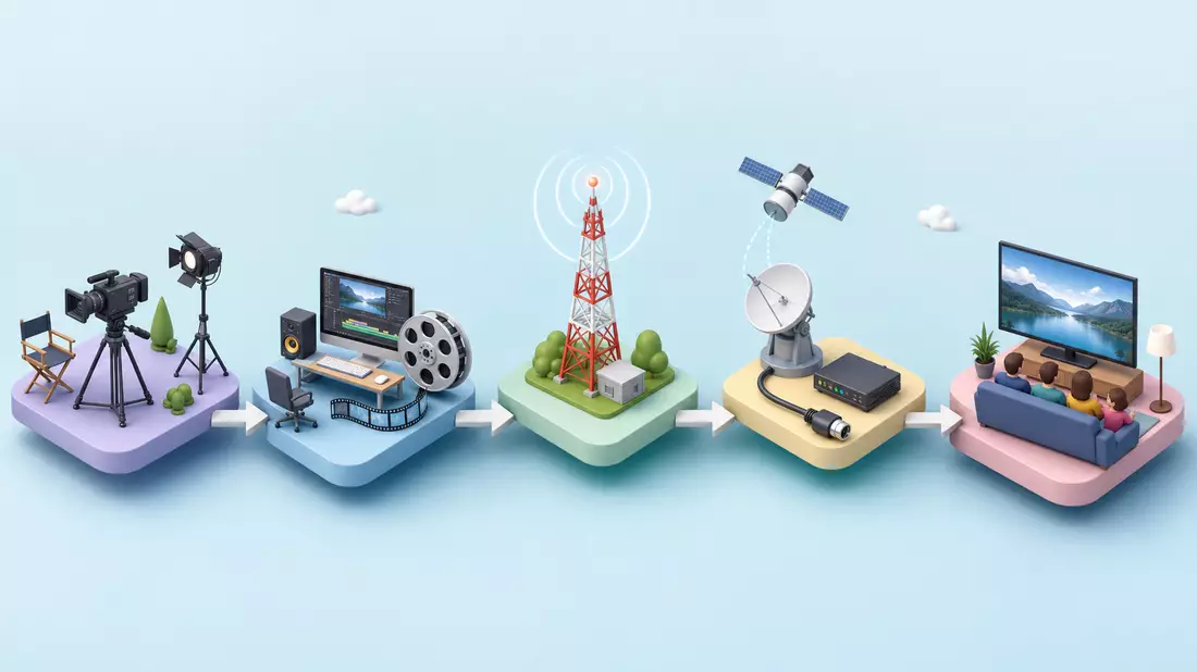 Isometrisches 3D-Diagramm der Medien-Wertschöpfungskette von Produktion bis Zuschauer