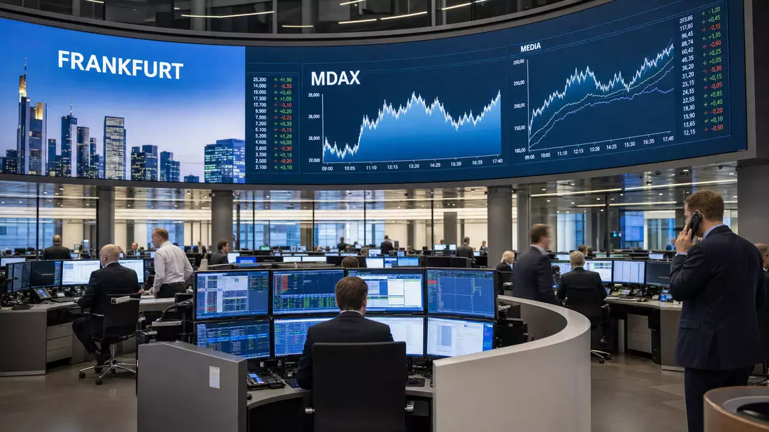 Börsenhandelssaal in Frankfurt mit Medien-Aktiencharts und der Anzeige MDAX