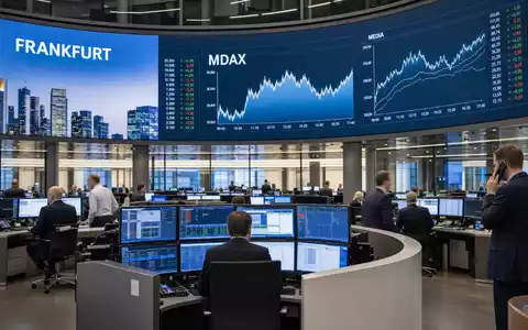 ProSiebenSat.1 Media DE000PSM7770 zeigt den Frankfurter Börsenhandelssaal mit Medien-Charts, Stadtansicht und dem Index-Kürzel MDAX - Foto: THN