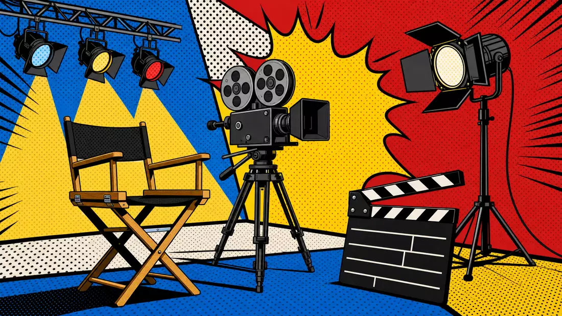 Pop-Art-Comic-Illustration eines Filmsets mit Kamera, Regiestuhl und Klappe