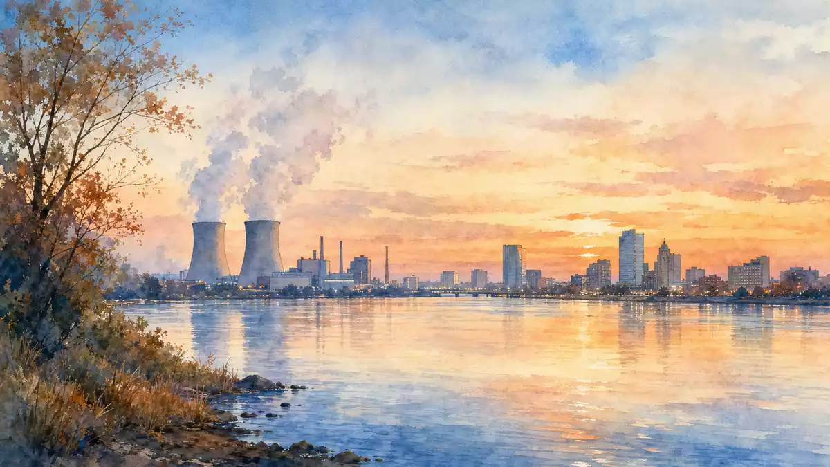 Aquarellbild einer Flusslandschaft mit Kühltürmen und Stadtsilhouette im Abendlicht