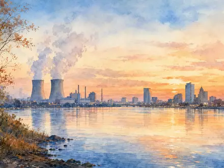 Aquarellmalerei visualisiert Public Service Ent. Aktie US7445731067 mit Kraftwerk und Flussufer-Skyline bei Sonnenuntergang - Foto: THN
