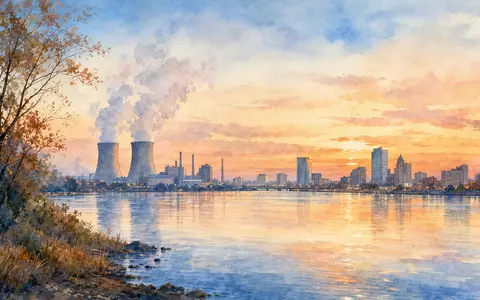 Aquarellmalerei visualisiert Public Service Ent. Aktie US7445731067 mit Kraftwerk und Flussufer-Skyline bei Sonnenuntergang - Foto: THN