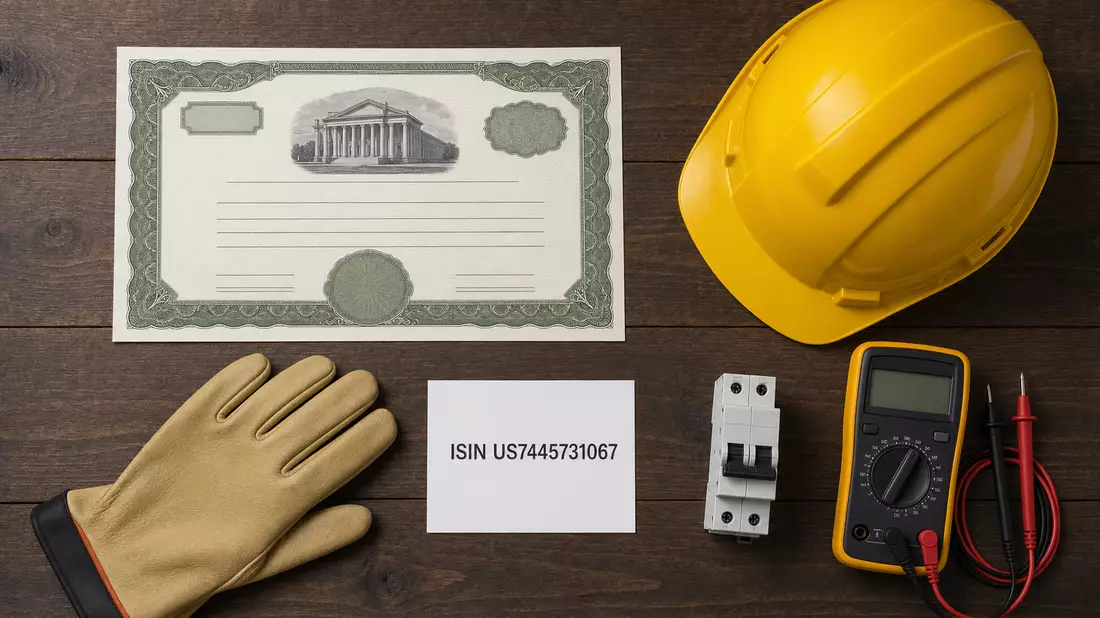 Flach fotografiertes Arrangement mit Zertifikat, Helm, Handschuh und Messgerät auf Holztisch