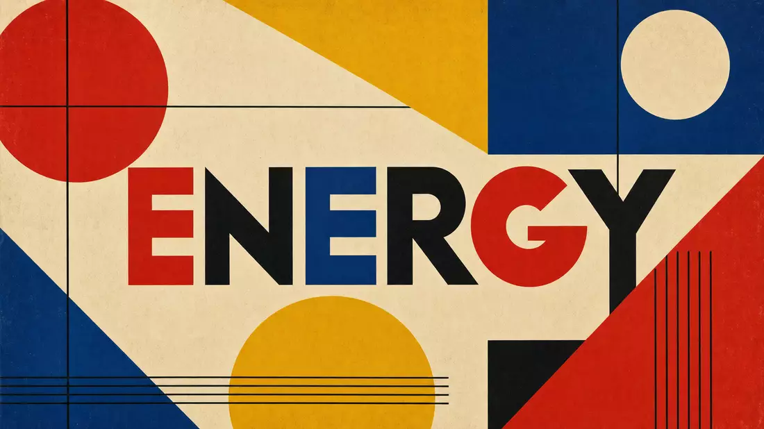 Geometrisches Bauhaus-Poster mit Text ENERGY in Rot, Gelb und Blau