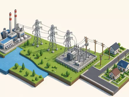 Isometrische 3D-Grafik zeigt Wertschöpfungskette von Public Service Ent. Aktie US7445731067 von Kraftwerk bis Haushalt - Foto: THN