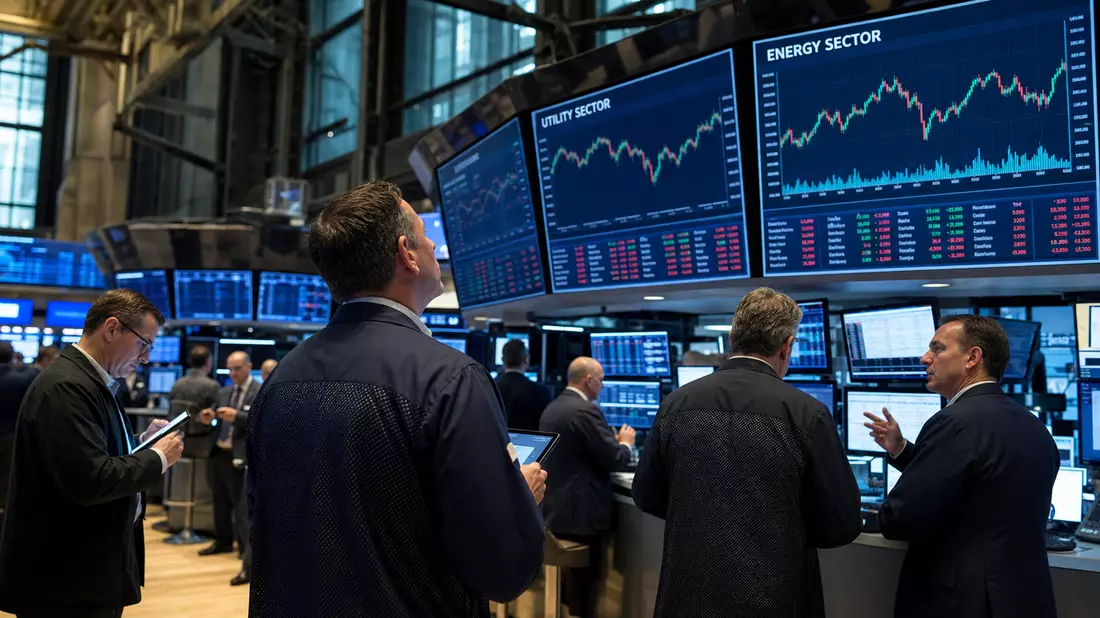 Trading-Floor mit Händlern vor Bildschirmen mit Versorger- und Energiesektor-Charts
