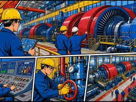 Pop-Art-Comic zeigt Turbinenhalle mit Ingenieuren und symbolisiert Public Service Ent. Aktie US7445731067 im Kraftwerksbetrieb heute - Foto: THN
