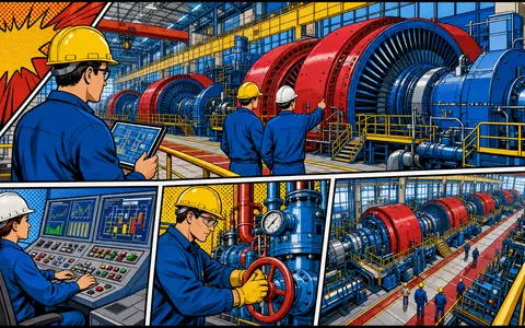 Pop-Art-Comic zeigt Turbinenhalle mit Ingenieuren und symbolisiert Public Service Ent. Aktie US7445731067 im Kraftwerksbetrieb heute - Foto: THN
