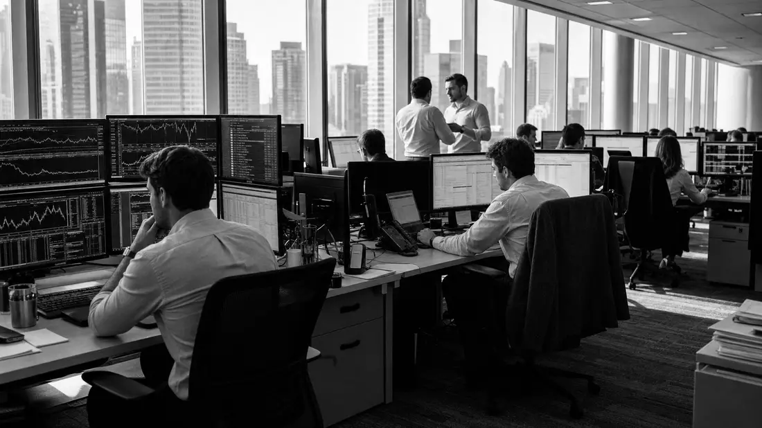 Schwarzweißes Reportagefoto von Finanzanalysten an Bildschirmen im Großraumbüro