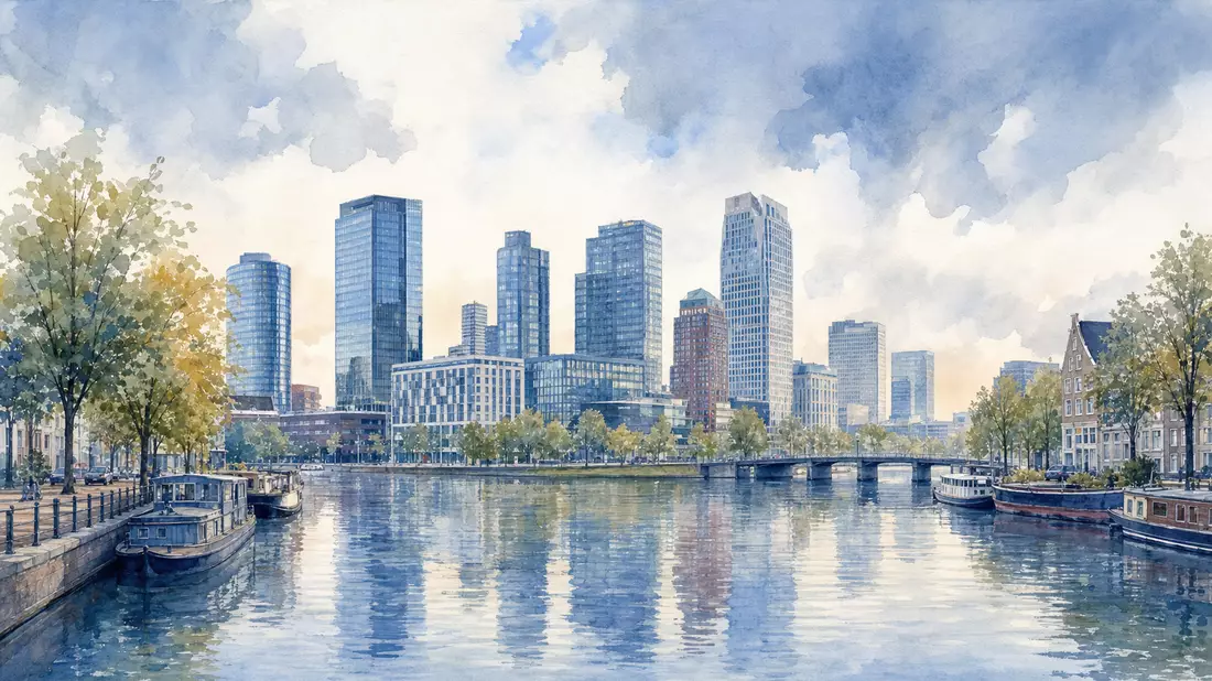 Aquarellbild der Amsterdamer Skyline mit modernen Bürotürmen entlang eines Kanals