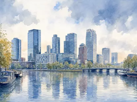 Aquarellmalerei der Amsterdamer Skyline visualisiert Prosus N.V., ISIN NL0013654783, Sitz der Internet-Beteiligungsholding Euronext - Foto: THN