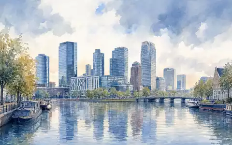 Aquarellmalerei der Amsterdamer Skyline visualisiert Prosus N.V., ISIN NL0013654783, Sitz der Internet-Beteiligungsholding Euronext - Foto: THN