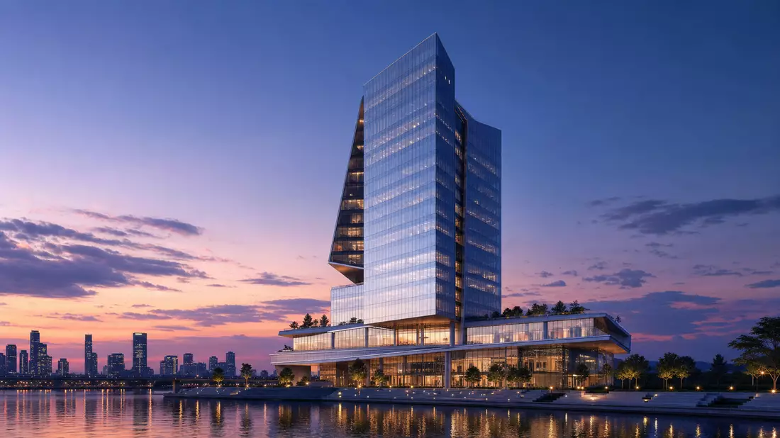 3D-Render eines futuristischen Glas-Hochhauses in der Abenddämmerung am Wasser