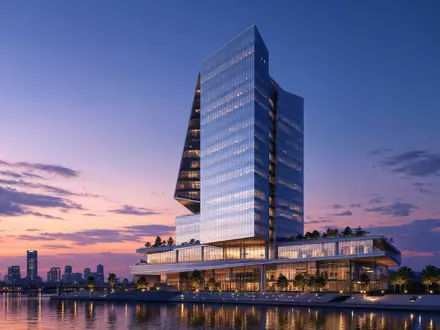 Architektur-Render eines gläsernen Hochhauses repräsentiert Prosus N.V., ISIN NL0013654783, moderne globale Beteiligungsholding Zentrale - Foto: THN