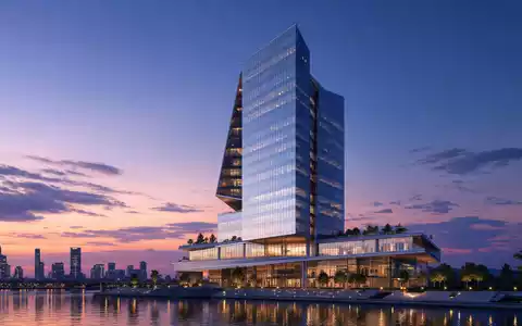 Architektur-Render eines gläsernen Hochhauses repräsentiert Prosus N.V., ISIN NL0013654783, moderne globale Beteiligungsholding Zentrale - Foto: THN