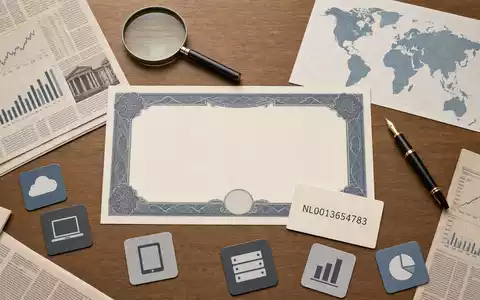 Flatlay mit Aktienzertifikat und ISIN-Karte illustriert Prosus N.V., ISIN NL0013654783, digitale Beteiligungsholding Investment Utensilien - Foto: THN