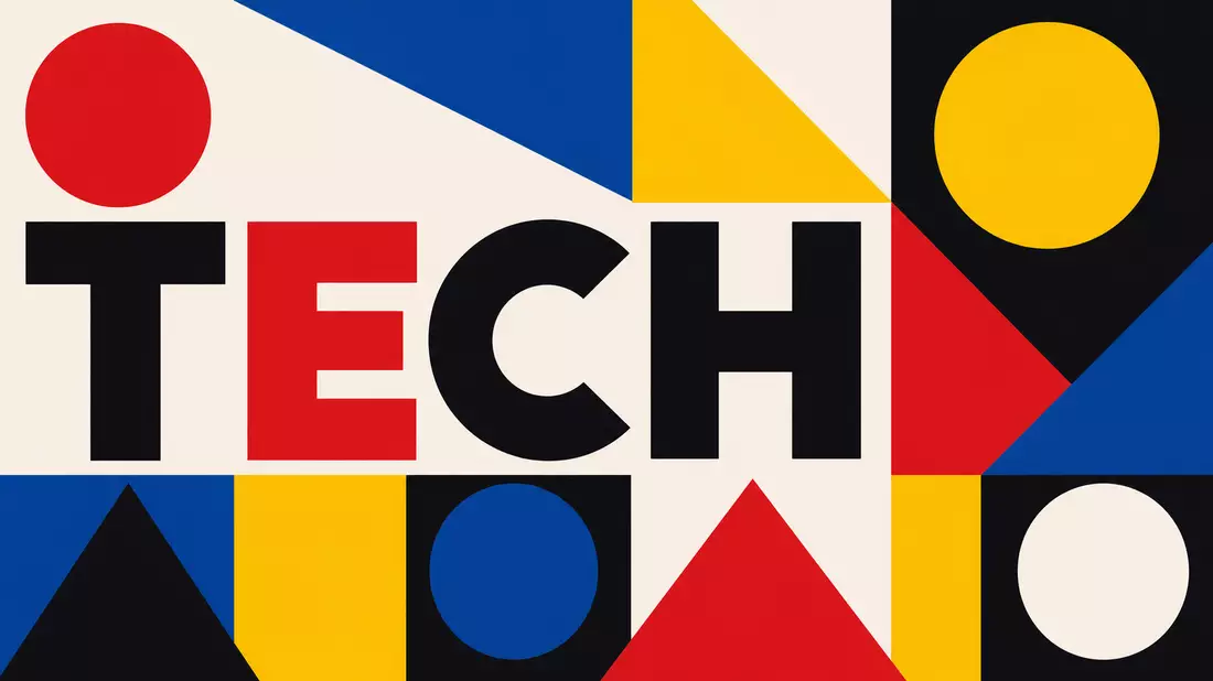 Bauhaus-Poster mit geometrischen Formen und großem Schriftzug TECH in Primärfarben