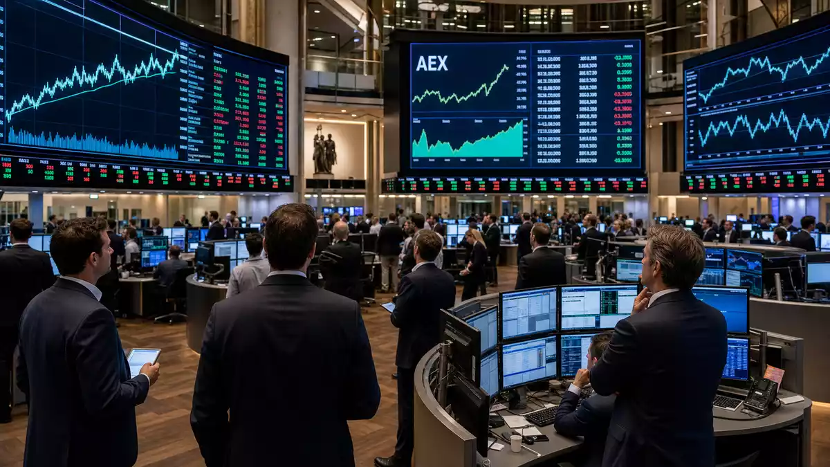 Editorial-Foto eines Trading-Floors mit großen Bildschirmen und AEX-Indexkürzel