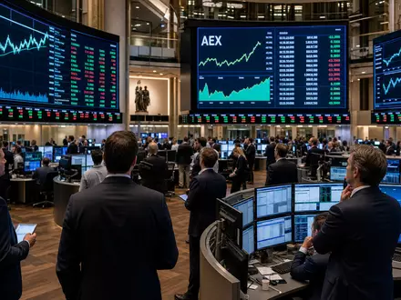 Börsen-Editorial mit Trading-Floor und AEX-KĂŒrzel reprĂ€sentiert Prosus N.V., ISIN NL0013654783, gelistet an Euronext Amsterdam Börse - Foto: THN