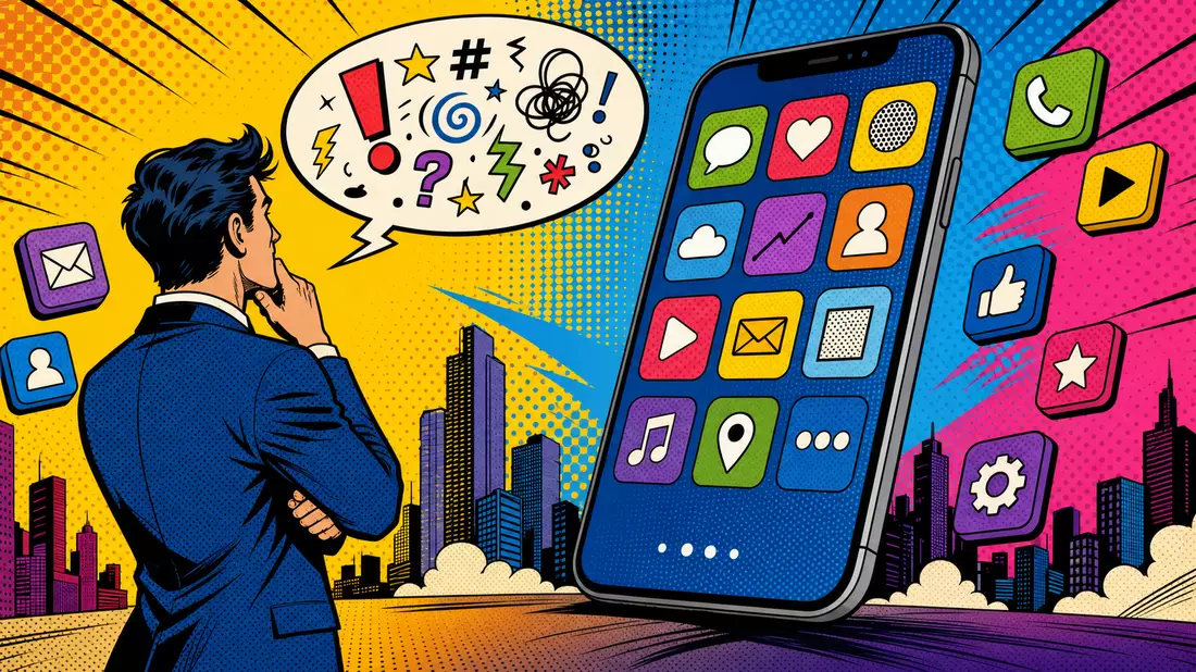 Bunte Pop-Art-Comic-Illustration einer Person vor riesigem Smartphone mit App-Icons
