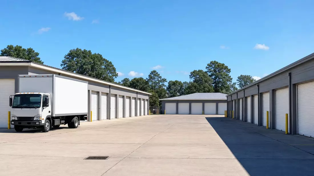 Selfstorage-Anlage mit grauen Rolltoren und Umzugswagen bei Tageslicht