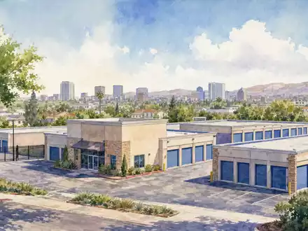 Aquarellmalerei einer Vorstadtszene mit Lagerhallen symbolisiert Public Storage, Aktie ISIN US74460W1099, im Immobilien-REIT-Sektor - Foto: THN