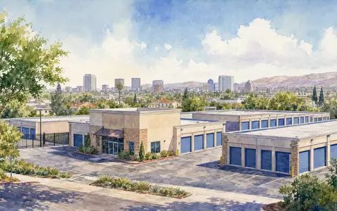 Aquarellmalerei einer Vorstadtszene mit Lagerhallen symbolisiert Public Storage, Aktie ISIN US74460W1099, im Immobilien-REIT-Sektor - Foto: THN
