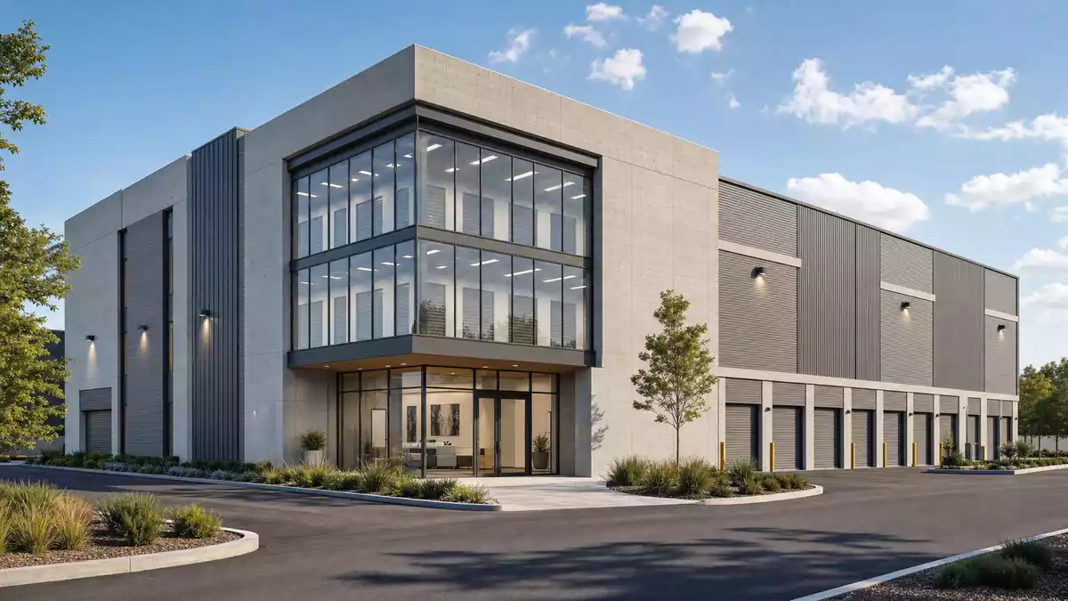 3D-Architekturvisualisierung eines modernen Selfstorage-Gebäudes