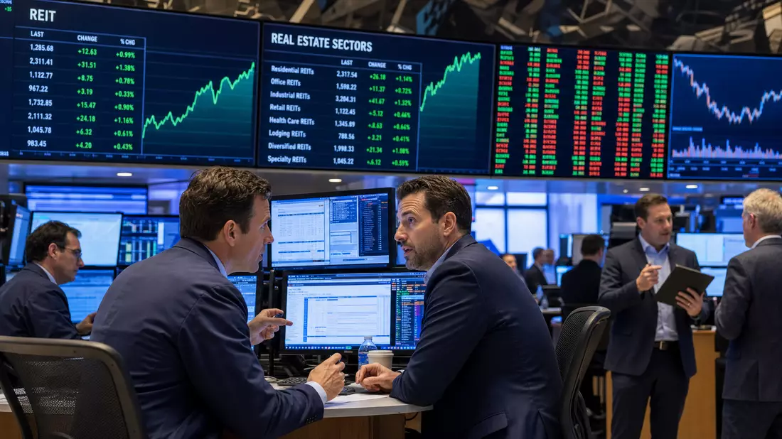 Trading-Floor mit Bildschirmen für REIT- und Immobilienkurse