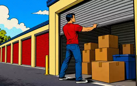 Farbenfrohe Pop-Art-Comic-Szene einer Lagereinheit passt visuell zu Public Storage, Aktie ISIN US74460W1099, im Self-Storage-Markt - Foto: THN