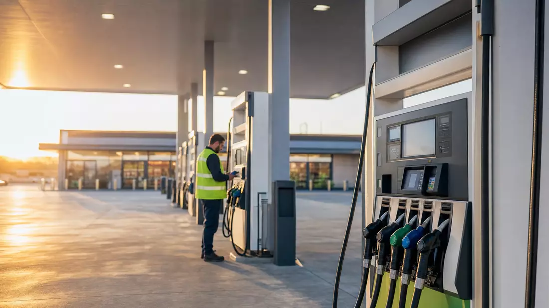 Fotorealistische Tankstelle mit digitalen Zapfsäulen bei Sonnenuntergang, Symbolbild für Vontier Corp