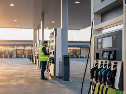 Fotorealistisches Bild einer modernen Tankstelle zeigt Vontier Corp US92886T1051 und digitale Zapfsäulen-Technologie im Sonnenuntergang - Foto: THN