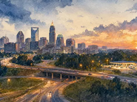 Aquarell-Ansicht einer US-Großstadt mit Autobahnknoten symbolisiert Vontier Corp US92886T1051 und dessen Mobilitätsinfrastruktur-Geschäft - Foto: THN