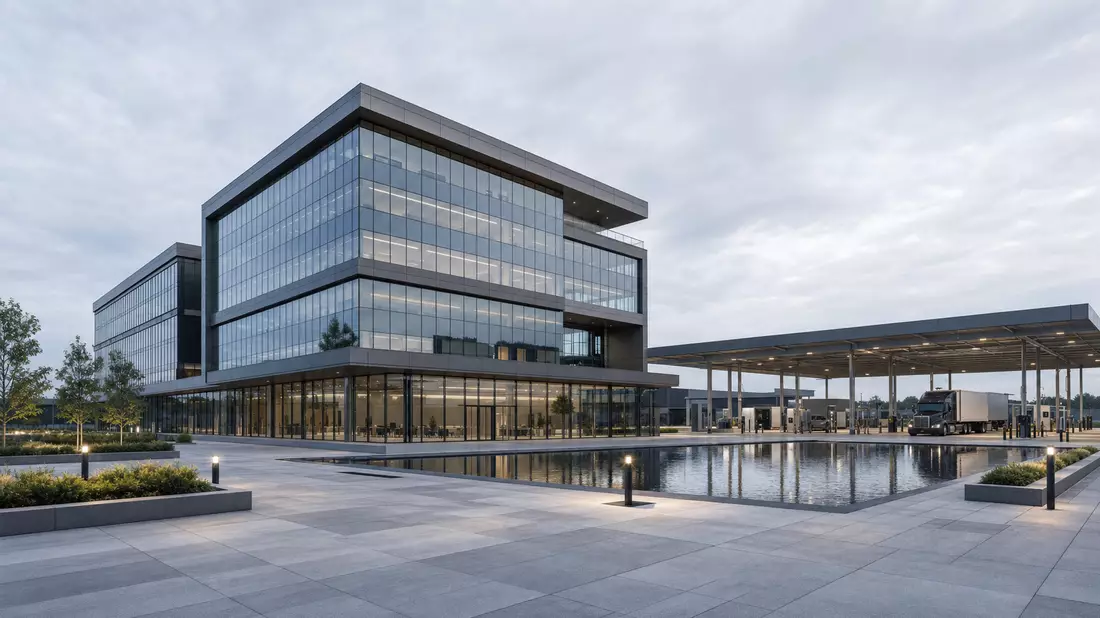 3D-Architekturrender eines Firmensitzes mit angeschlossener Tankstellenanlage, Symbolbild für Vontier Corp