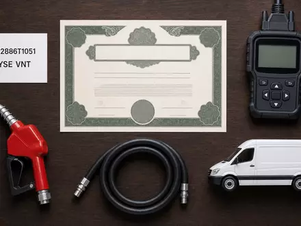 Flatlay-Arrangement mit Aktienzertifikat, ISIN-Karte US92886T1051 und Werkzeugen repräsentiert Vontier Corp und seine Branche - Foto: THN