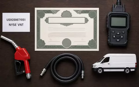 Flatlay-Arrangement mit Aktienzertifikat, ISIN-Karte US92886T1051 und Werkzeugen repräsentiert Vontier Corp und seine Branche - Foto: THN