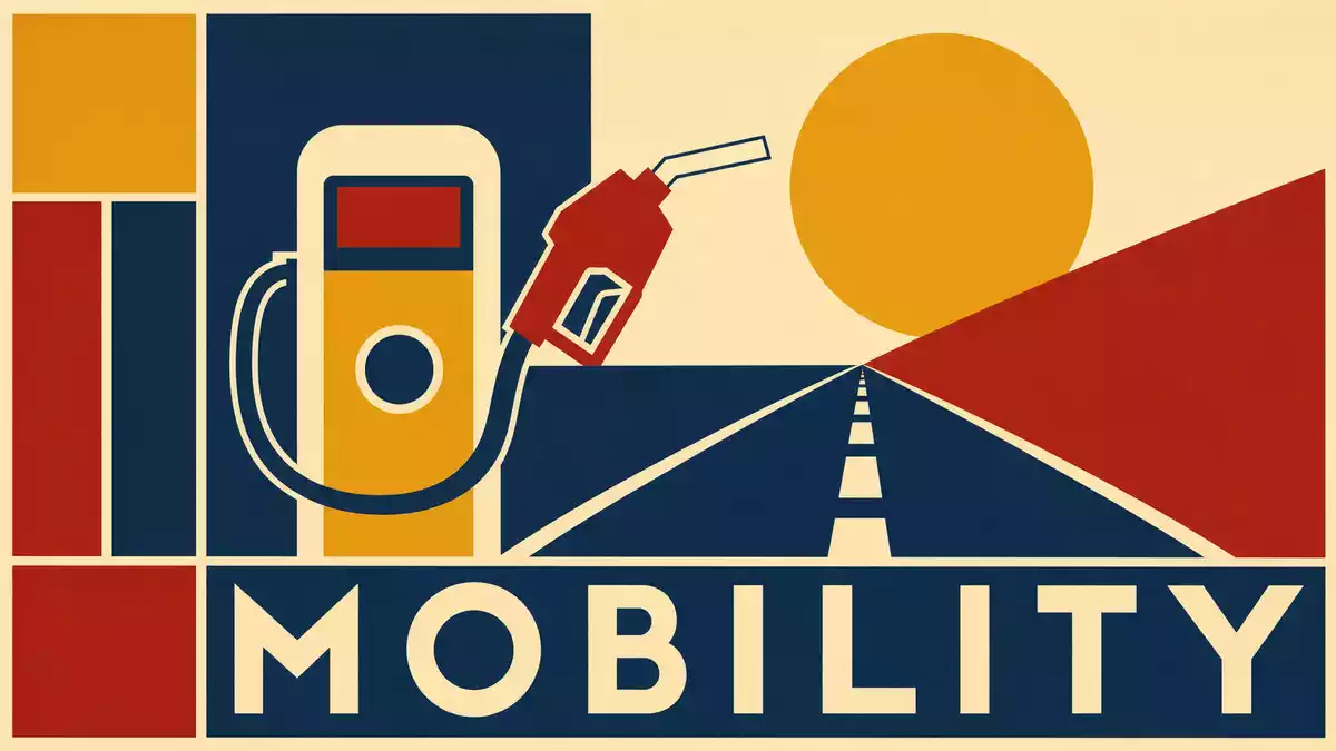 Geometrisches Bauhaus-Poster mit Zapfsäule und Straßenmotiv, Symbolbild für Vontier Corp