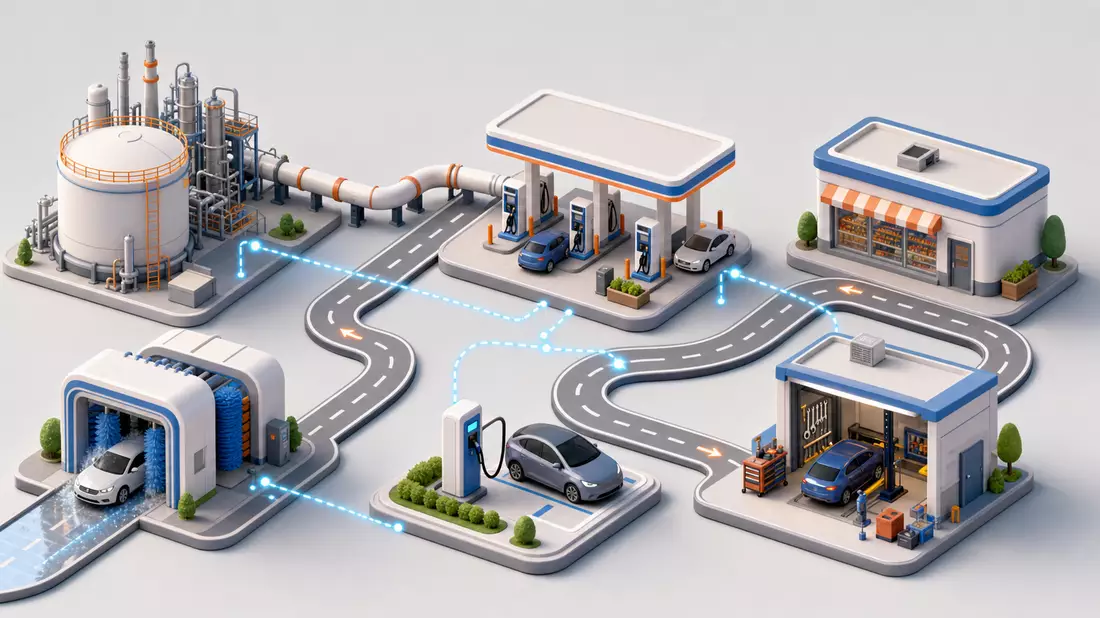 Isometrische 3D-Illustration der Mobilitäts-Wertschöpfungskette, Symbolbild für Vontier Corp
