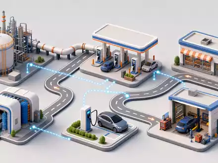 Isometrische 3D-Grafik zeigt Wertschöpfungskette von Tankstelle bis Werkstatt, passend zu Vontier Corp US92886T1051 MobilitÀtsplattform - Foto: THN