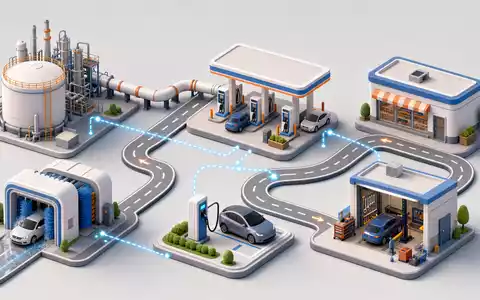 Isometrische 3D-Grafik zeigt Wertschöpfungskette von Tankstelle bis Werkstatt, passend zu Vontier Corp US92886T1051 Mobilitätsplattform - Foto: THN