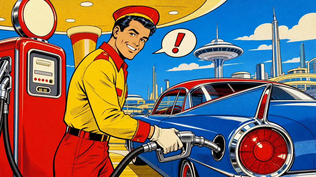 Pop-Art-Comic einer fröhlichen Retro-Tankstellenszene, Symbolbild für Vontier Corp