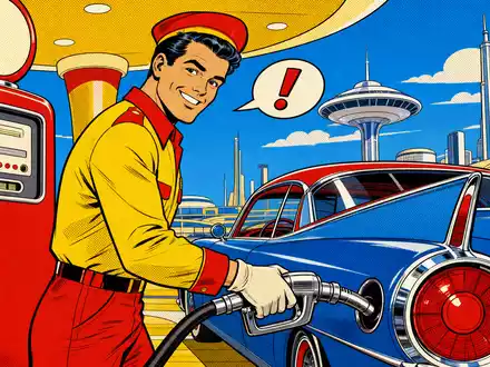 Pop-Art-Comic zeigt fröhliche Tankstellen-Szene im Retro-Stil und illustriert humorvoll Vontier Corp US92886T1051 sowie dessen Mobilitätsgeschäft - Foto: THN