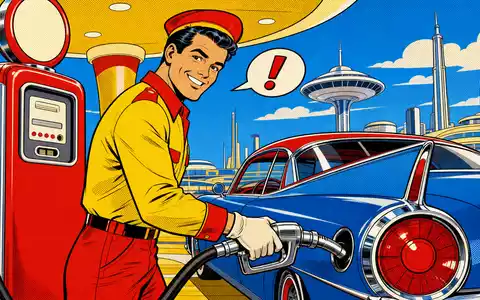 Pop-Art-Comic zeigt fröhliche Tankstellen-Szene im Retro-Stil und illustriert humorvoll Vontier Corp US92886T1051 sowie dessen MobilitÀtsgeschÀft - Foto: THN
