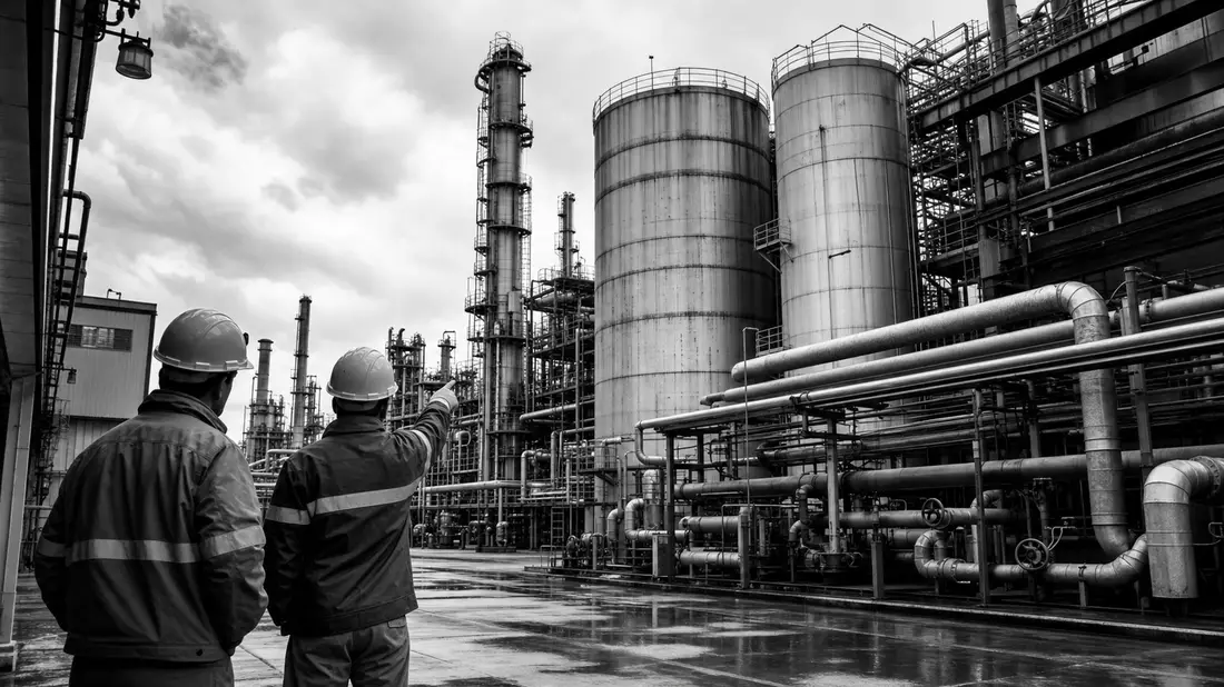 Schwarzweiß-Reportagefoto von Arbeitern vor Silos und Rohrleitungen einer Chemieanlage
