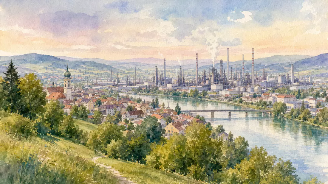 Aquarellmalerei einer Flussstadt mit Chemiewerk-Skyline im Hintergrund