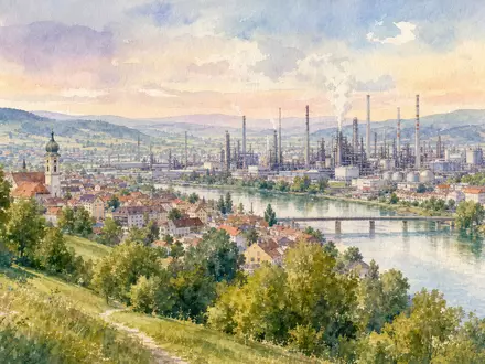 Wacker Chemie AG (DE000WCH8881) inspiriert diese Aquarelldarstellung einer Industriestadt mit Chemiewerk am Fluss - Foto: THN