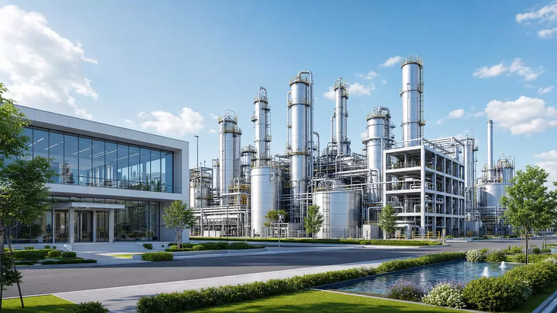 Architektur-Render einer modernen Chemieanlage mit silbernen Reaktortürmen und Glasgebäude